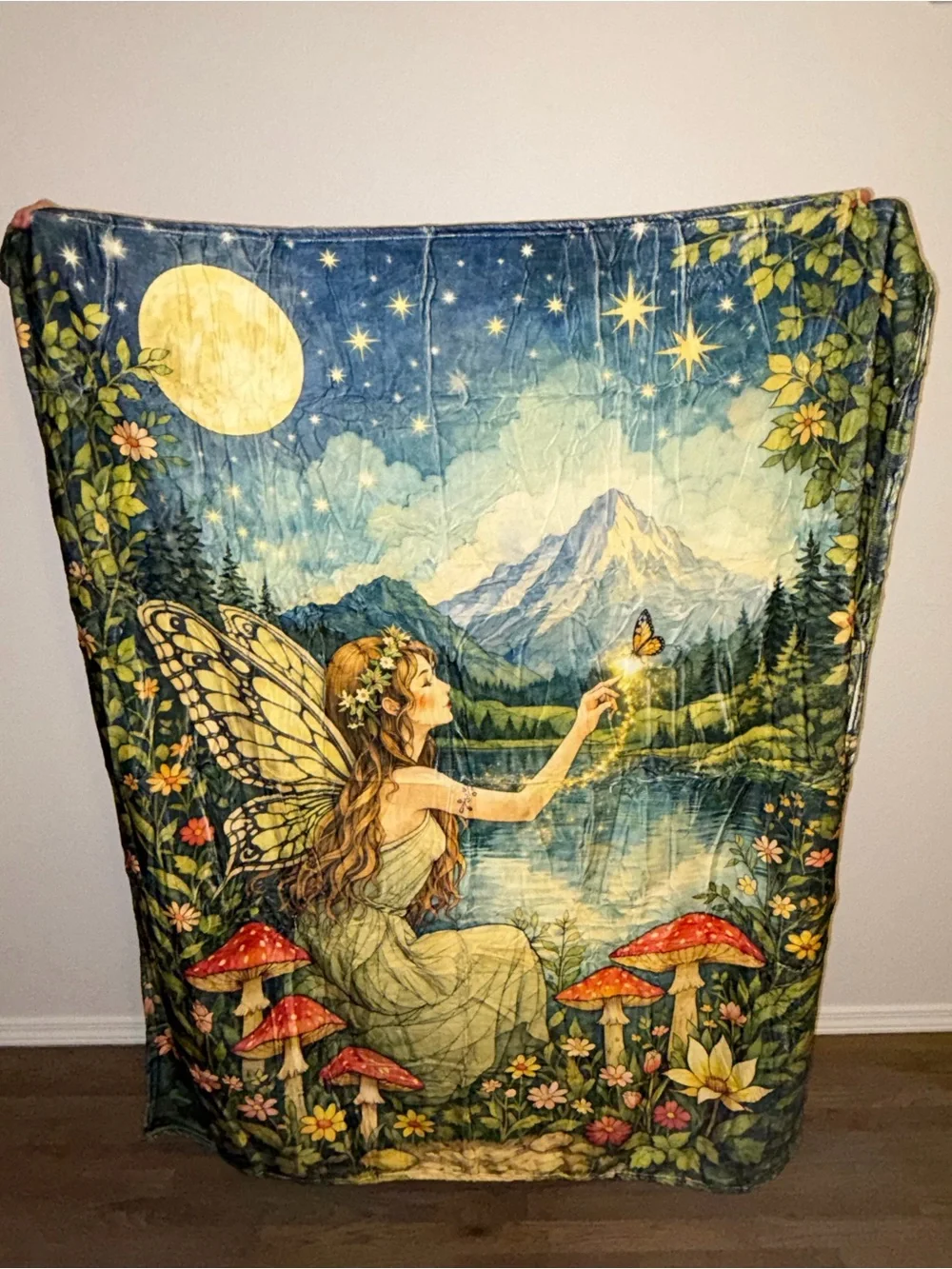 NEW Velveteen Fairy Throw Blanket 50x60 Butterfly Moon Mountain Cottagecore
